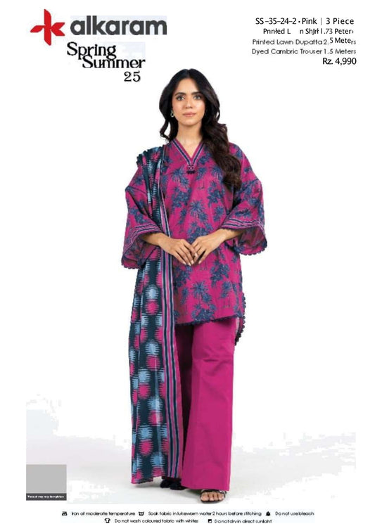 Pink three piece Lawn (Printed Top Dupatta and Bottom Dyed Gambric)