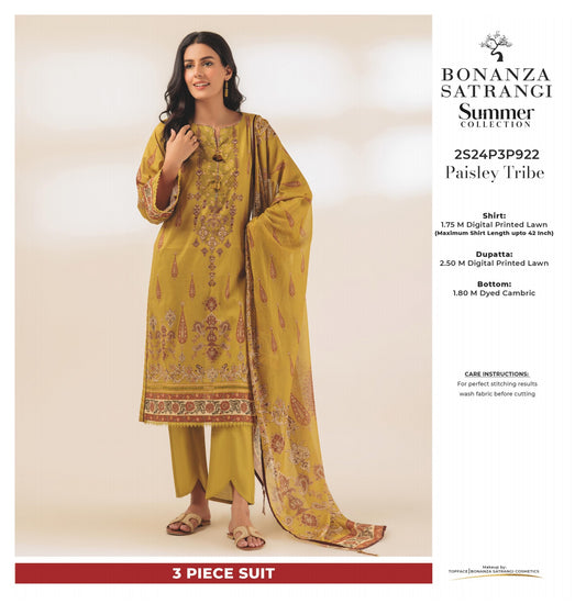 Bonanza Satrangi three piece Lawn (Printed Top Dupatta and Bottom Dyed Gambric)