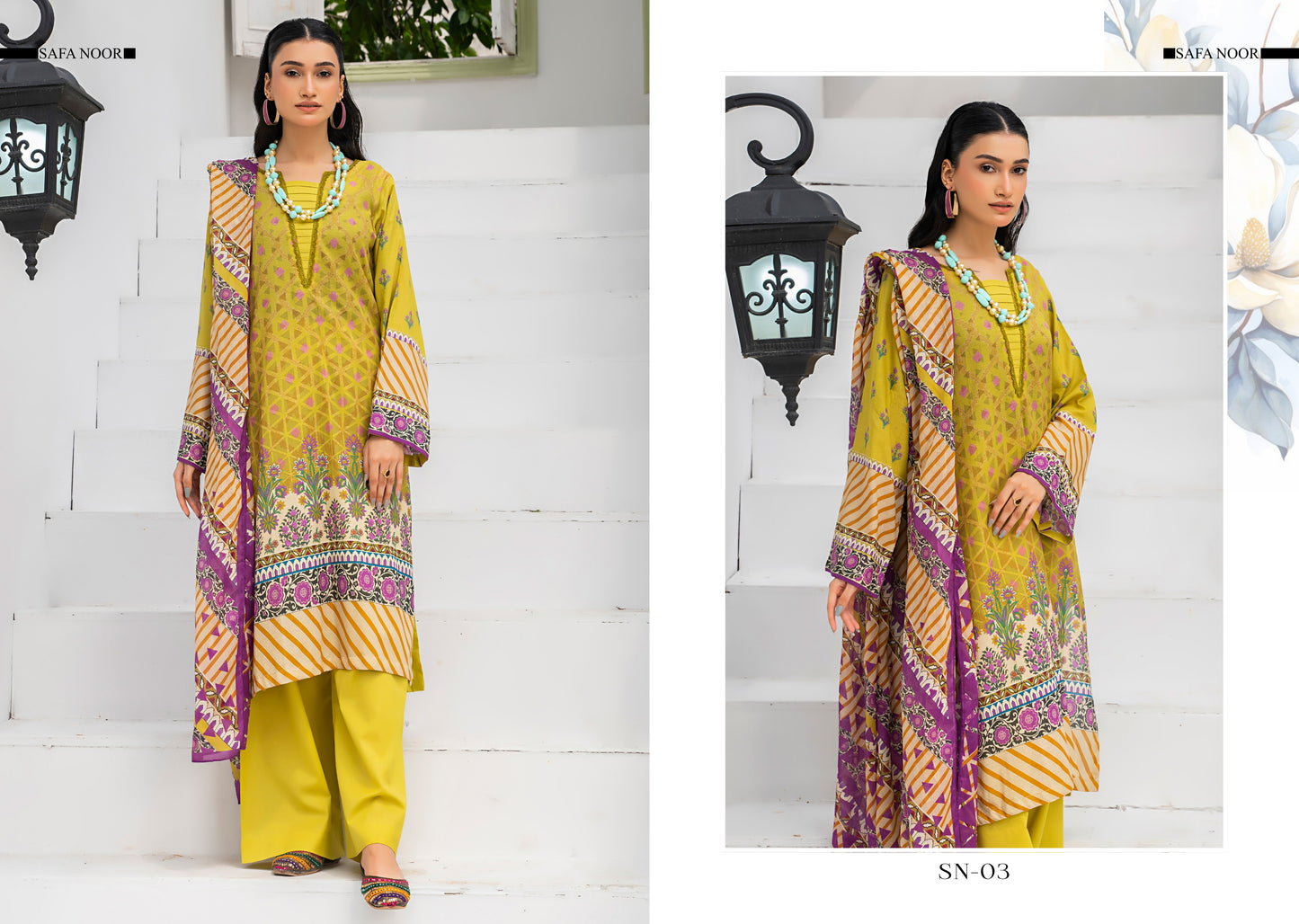 Safa Noor three piece Lawn (Printed Top Dupatta and Bottom Dyed Gambric)