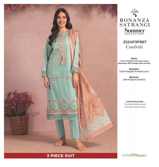 Bonanza Satrangi three piece Lawn (Printed Top Dupatta and Bottom Dyed Gambric)