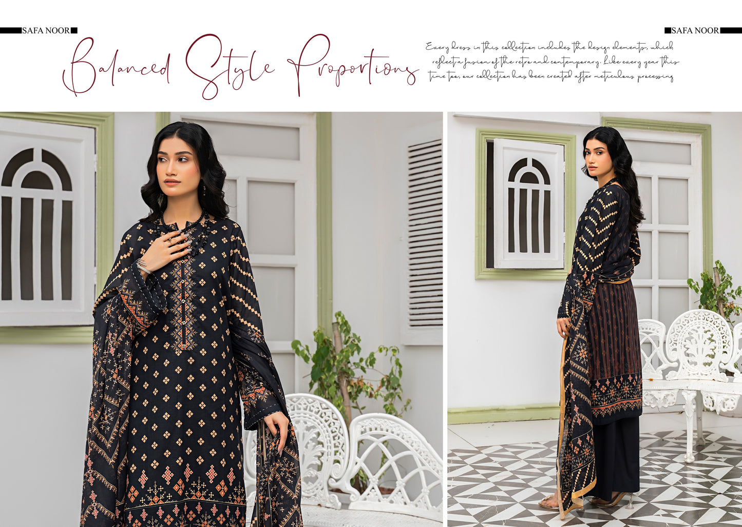 Safa Noor three piece Lawn (Printed Top Dupatta and Bottom Dyed Gambric)