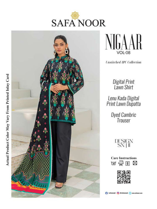 Safa Noor three piece Lawn (Printed Top Dupatta and Bottom Dyed Gambric)