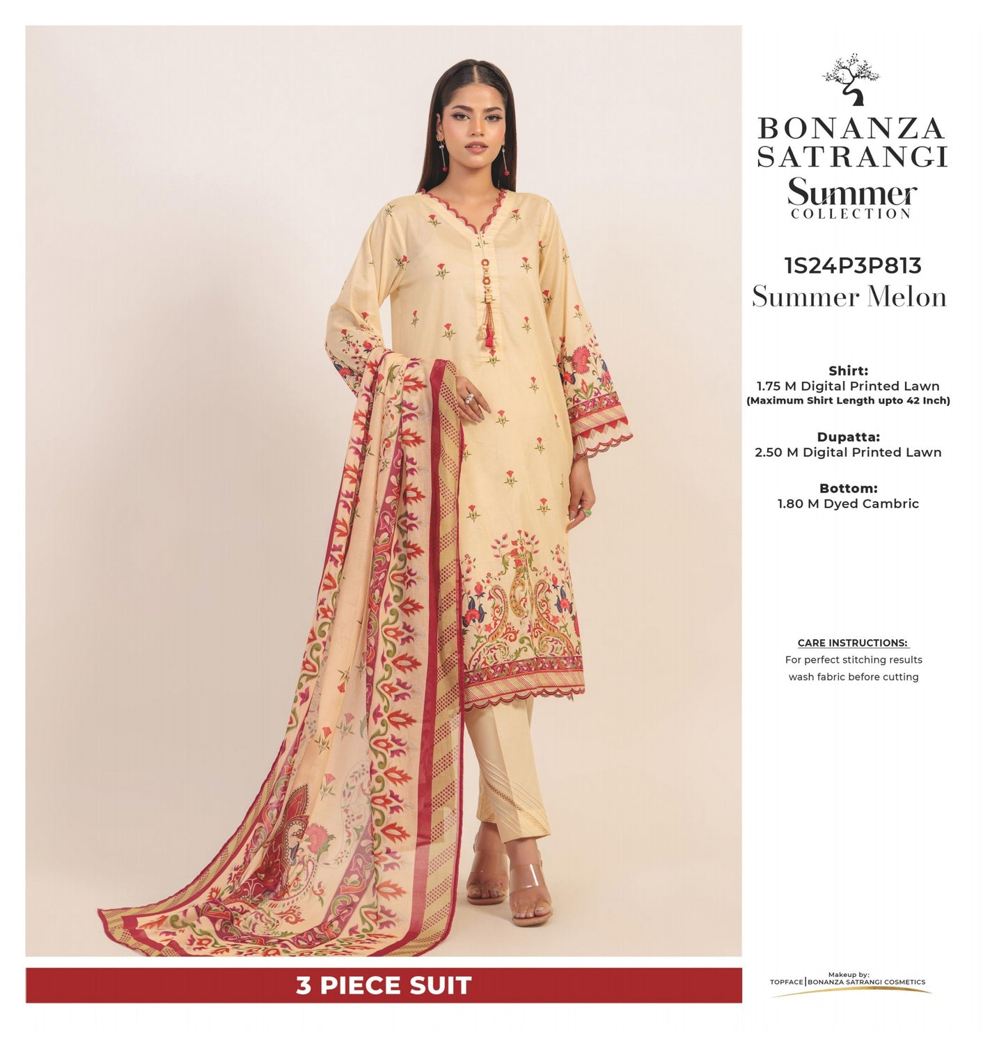 Bonanza Satrangi three piece Lawn (Printed Top Dupatta and Bottom Dyed Gambric)