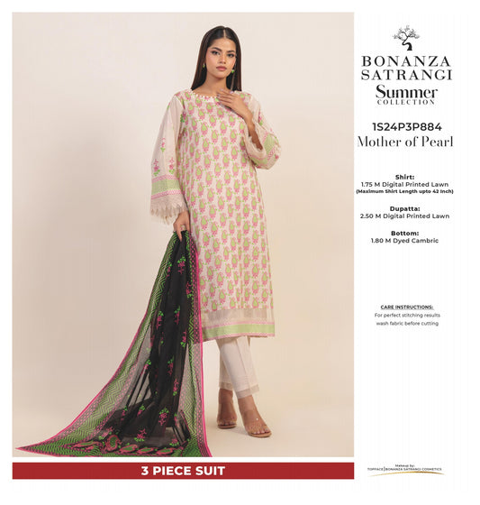 Bonanza Satrangi three piece Lawn (Printed Top Dupatta and Bottom Dyed Gambric)