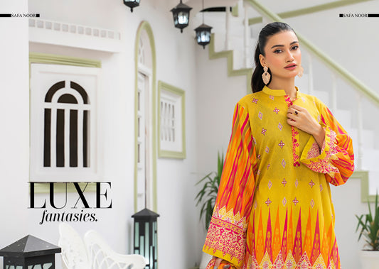 Safa Noor three piece Lawn (Printed Top Dupatta and Bottom Dyed Gambric)