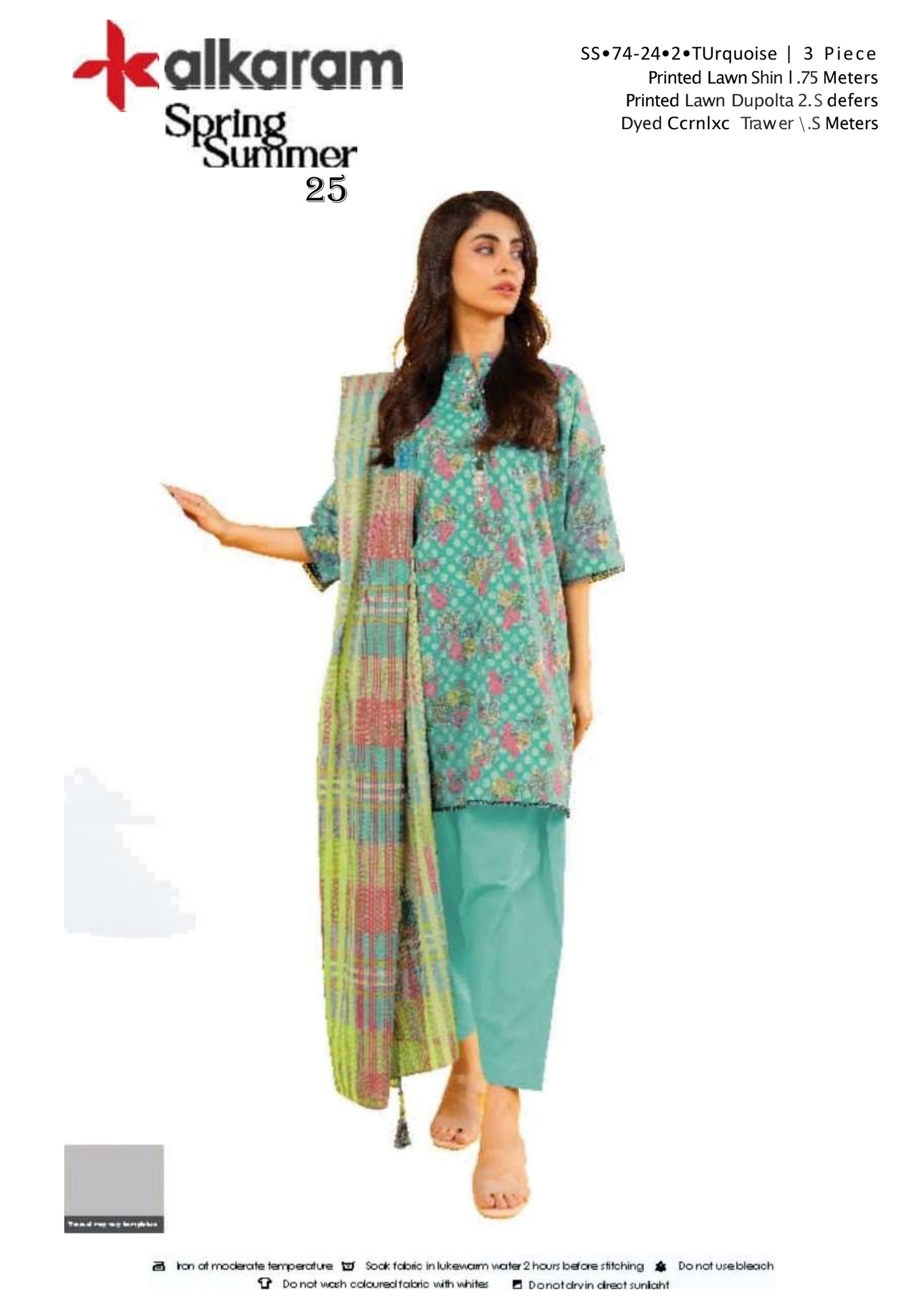 Turquoise  three piece Lawn (Printed Top Dupatta and Bottom Dyed Gambric)