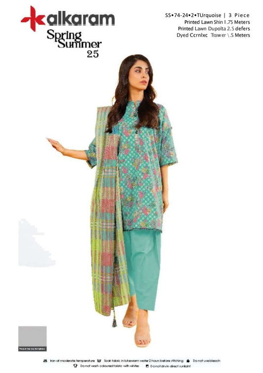 Turquoise  three piece Lawn (Printed Top Dupatta and Bottom Dyed Gambric)