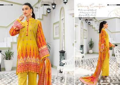 Safa Noor three piece Lawn (Printed Top Dupatta and Bottom Dyed Gambric)