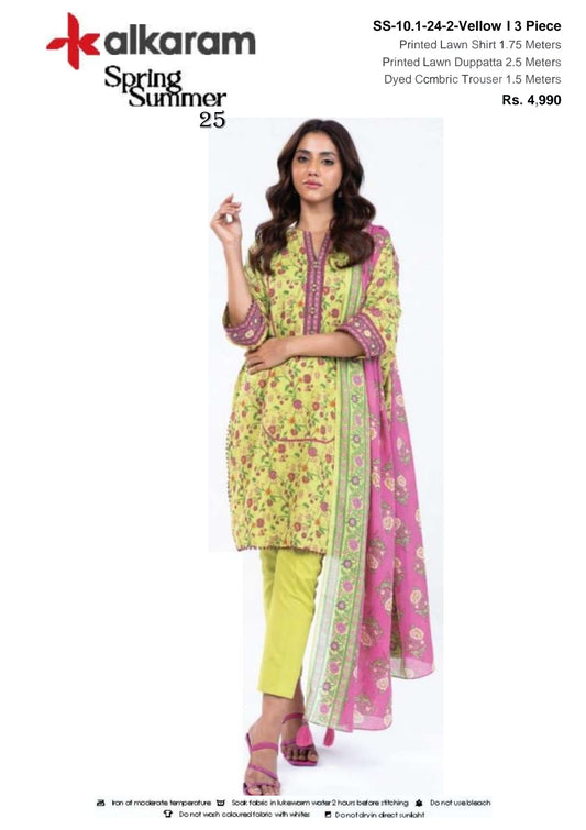 YELLOW three piece Lawn (Printed Top Dupatta and Bottom Dyed Gambric)