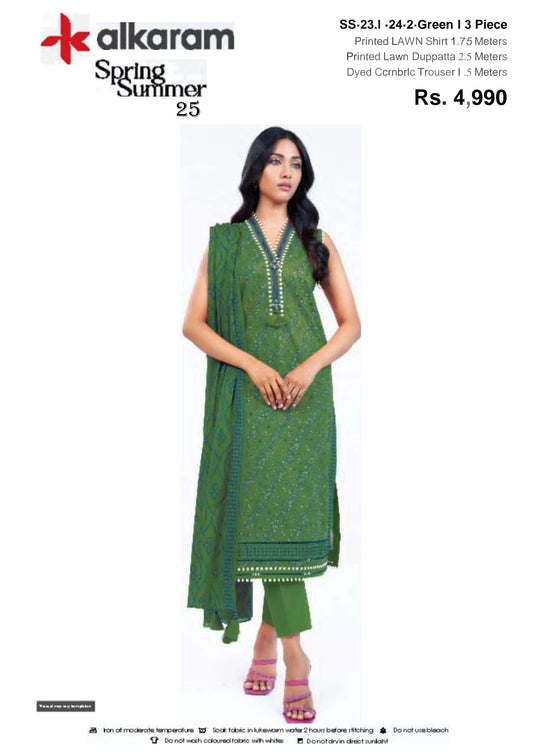 Green three piece Lawn (Printed Top Dupatta and Bottom Dyed Gambric)