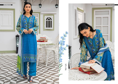 Safa Noor three piece Lawn (Printed Top Dupatta and Bottom Dyed Gambric)