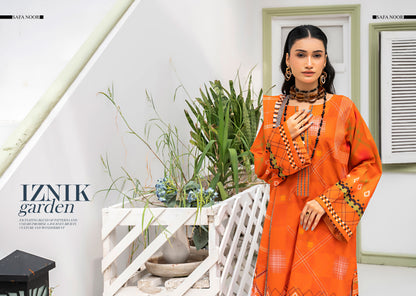 Safa Noor three piece Lawn (Printed Top Dupatta and Bottom Dyed Gambric)