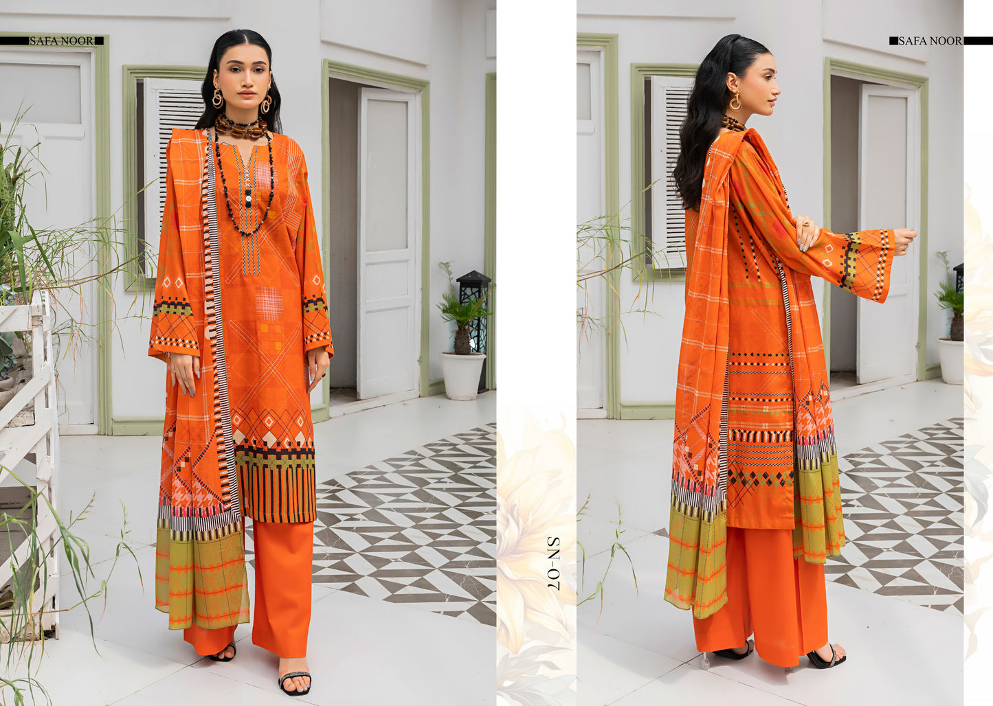 Safa Noor three piece Lawn (Printed Top Dupatta and Bottom Dyed Gambric)