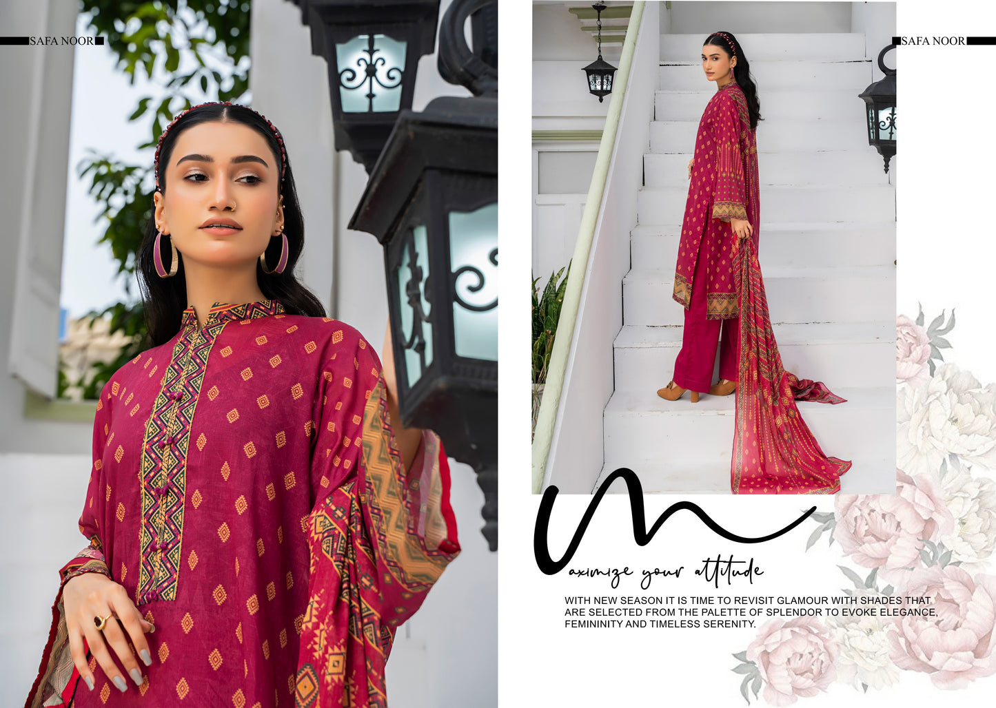 Safa Noor three piece Lawn (Printed Top Dupatta and Bottom Dyed Gambric)