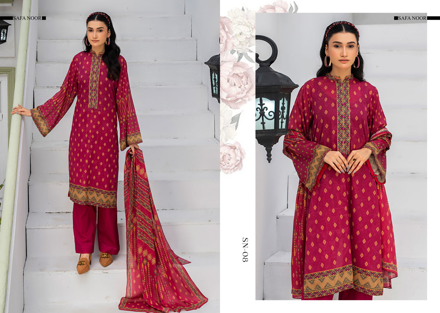 Safa Noor three piece Lawn (Printed Top Dupatta and Bottom Dyed Gambric)