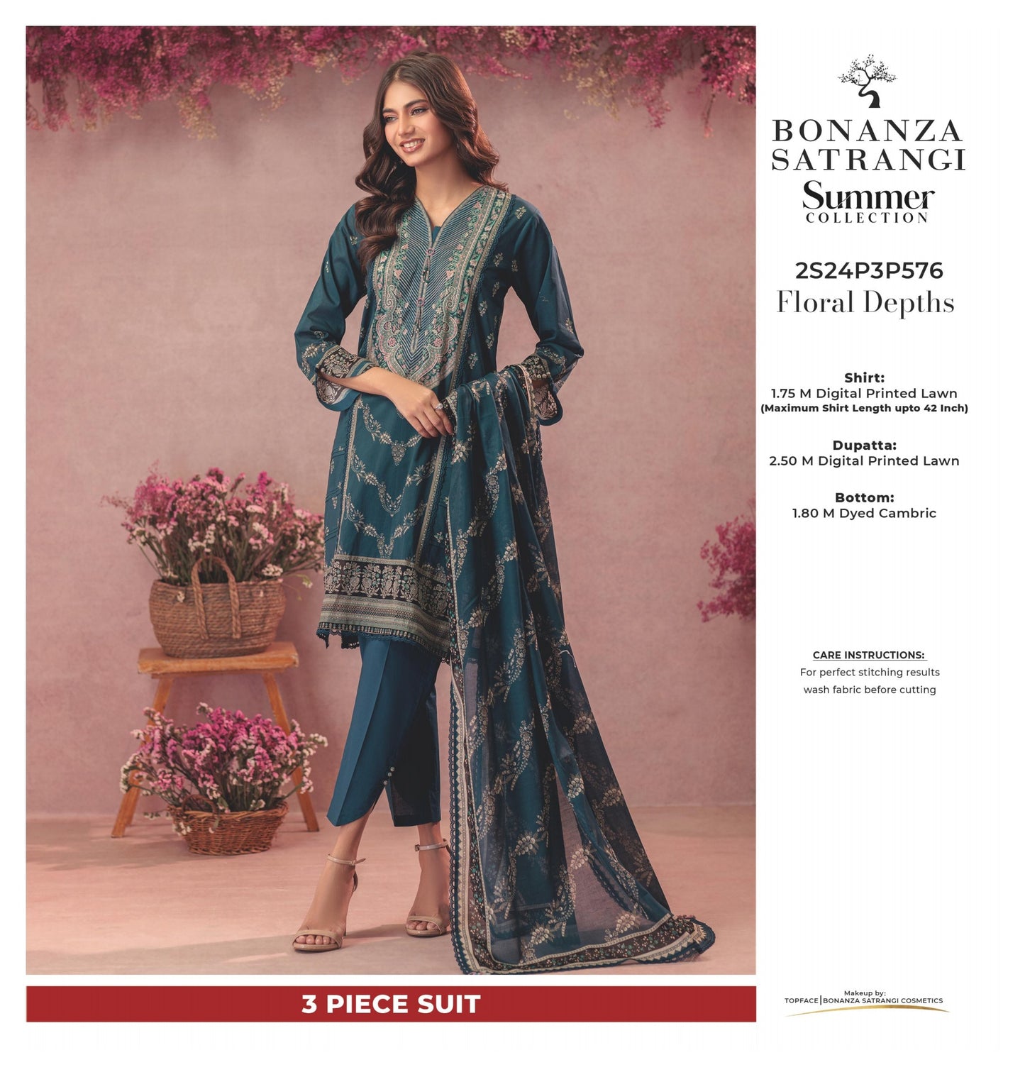 Bonanza Satrangi three piece Lawn (Printed Top Dupatta and Bottom Dyed Gambric)