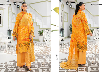 Safa Noor three piece Lawn (Printed Top Dupatta and Bottom Dyed Gambric)