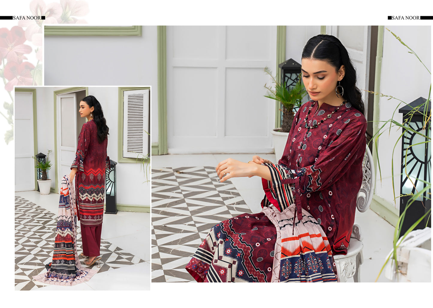 Safa Noor three piece Lawn (Printed Top Dupatta and Bottom Dyed Gambric)