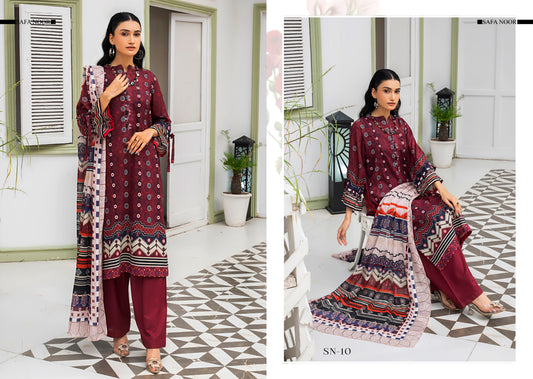 Safa Noor three piece Lawn (Printed Top Dupatta and Bottom Dyed Gambric)