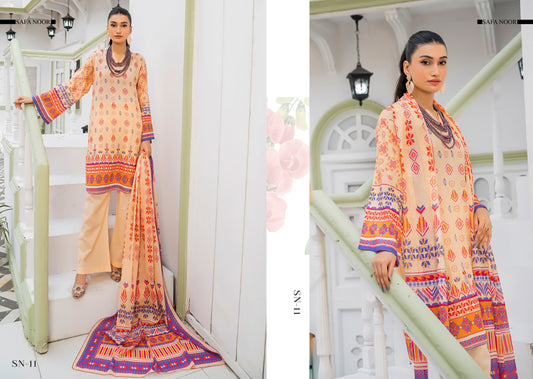 Safa Noor three piece Lawn (Printed Top Dupatta and Bottom Dyed Gambric)