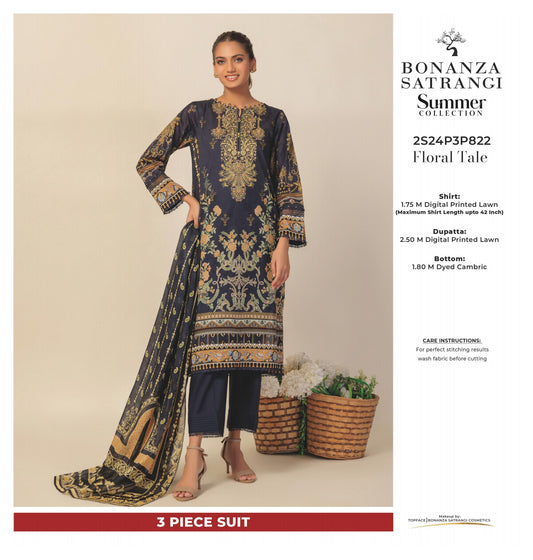 Bonanza Satrangi three piece Lawn (Printed Top Dupatta and Bottom Dyed Gambric)