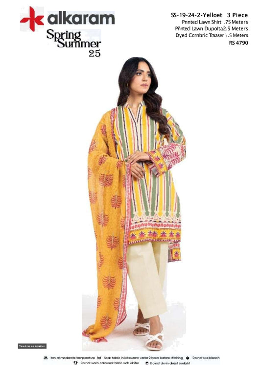 Yelloet  three piece Lawn (Printed Top Dupatta and Bottom Dyed Gambric)