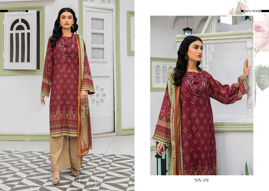 Safa Noor three piece Lawn (Printed Top Dupatta and Bottom Dyed Gambric)