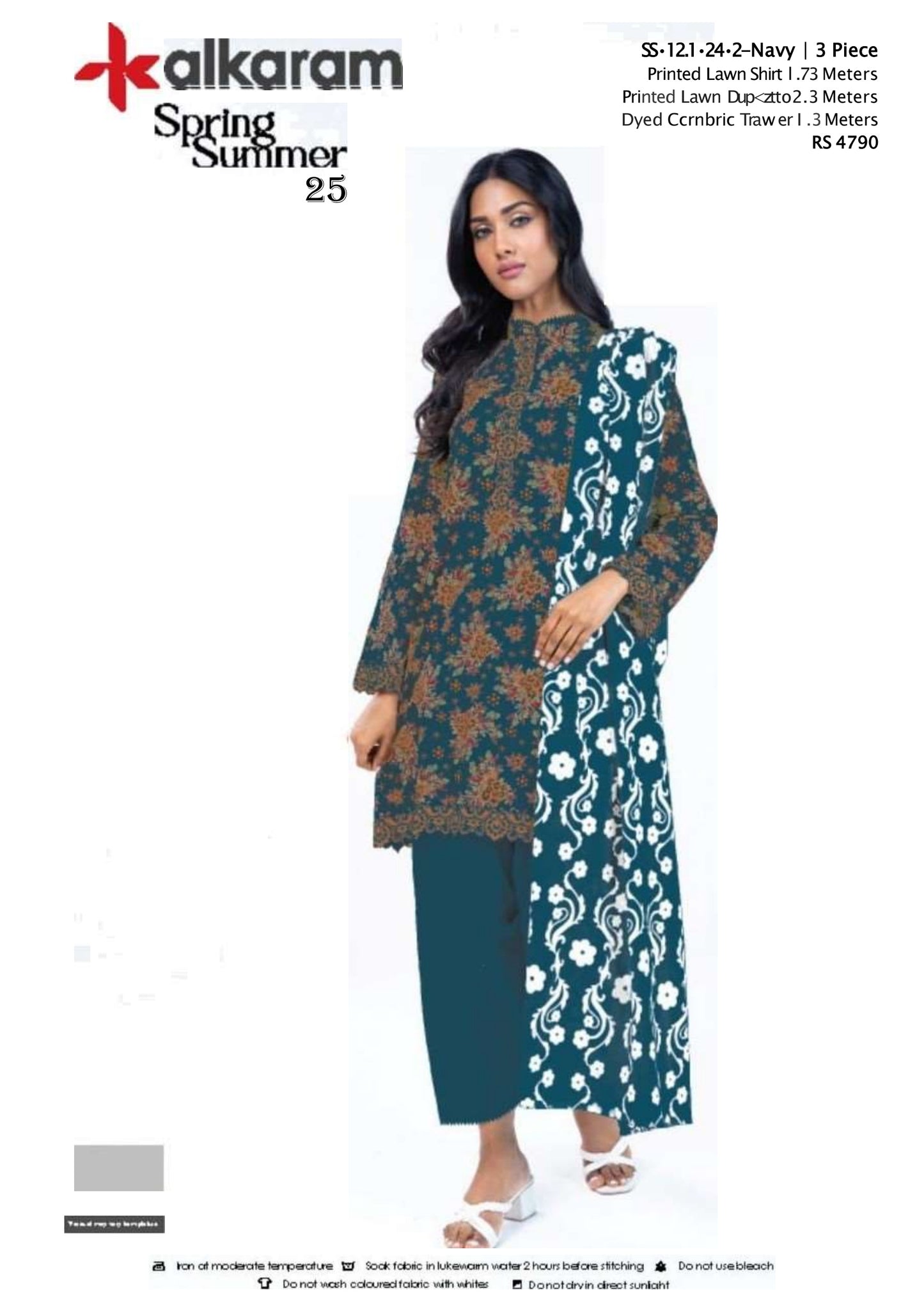 Navy  three piece Lawn (Printed Top Dupatta and Bottom Dyed Gambric)