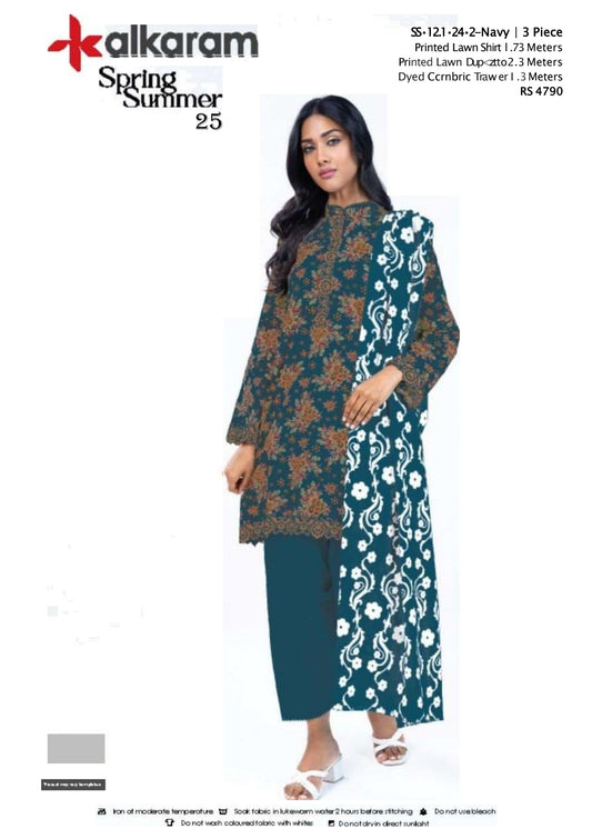 Navy  three piece Lawn (Printed Top Dupatta and Bottom Dyed Gambric)