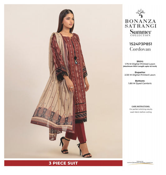 Bonanza Satrangi three piece Lawn (Printed Top Dupatta and Bottom Dyed Gambric)