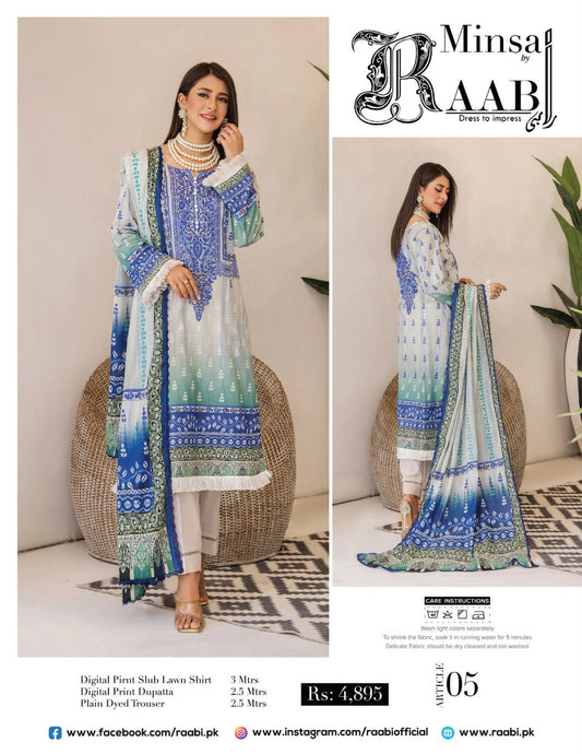 Minsa By Baab three piece Lawn (Printed Top Dupatta and Bottom Dyed Gambric)