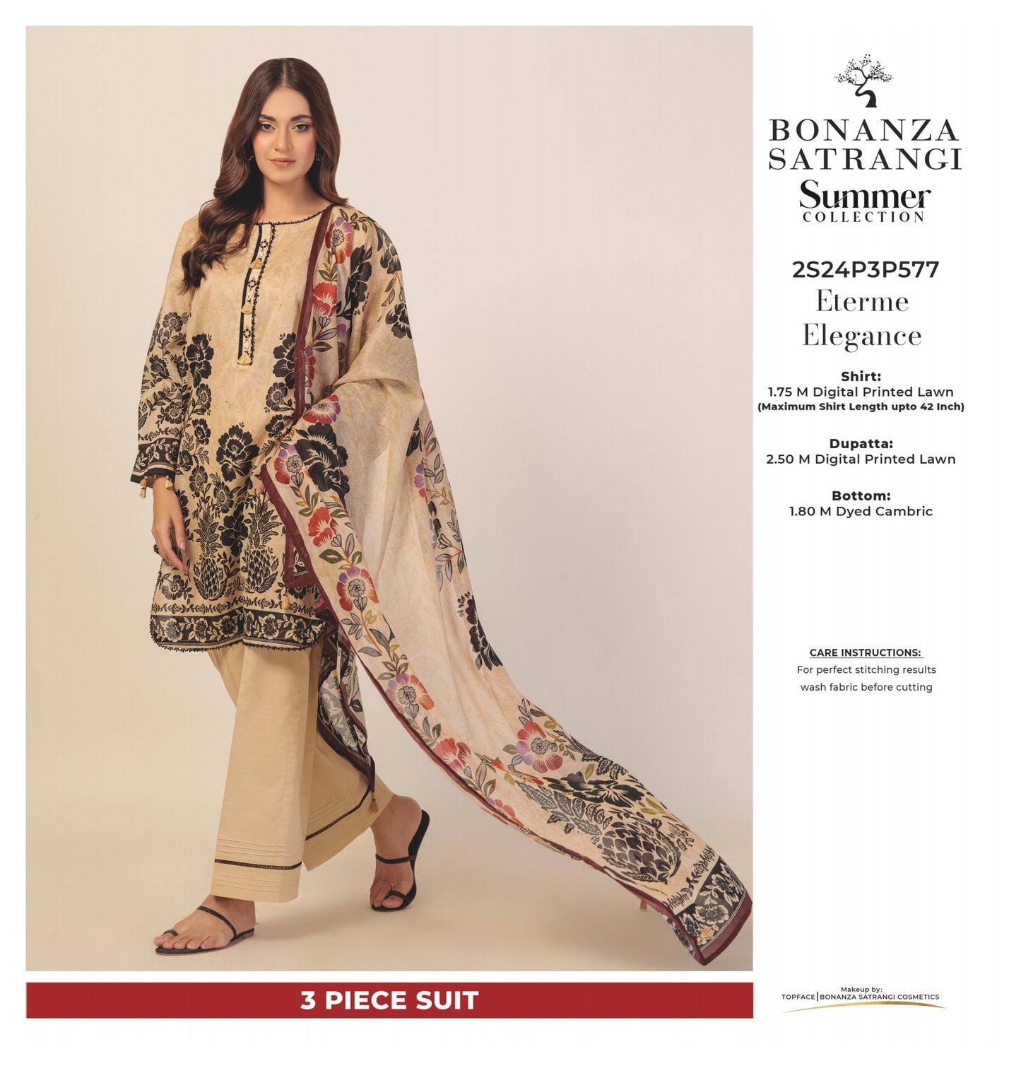 Bonanza Satrangi three piece Lawn (Printed Top Dupatta and Bottom Dyed Gambric)