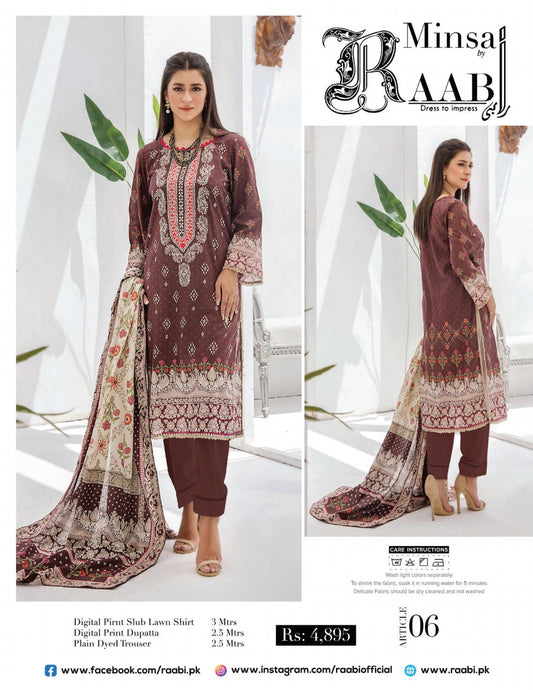 Minsa By Baab three piece Lawn (Printed Top Dupatta and Bottom Dyed Gambric)