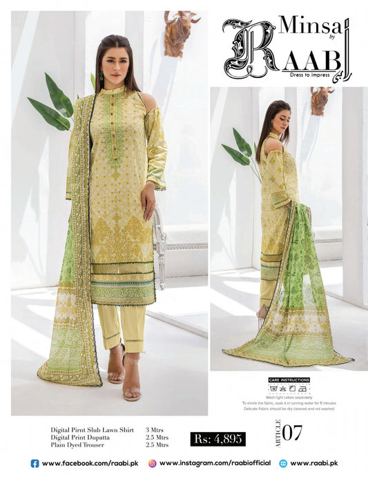 Minsa By Baab three piece Lawn (Printed Top Dupatta and Bottom Dyed Gambric)