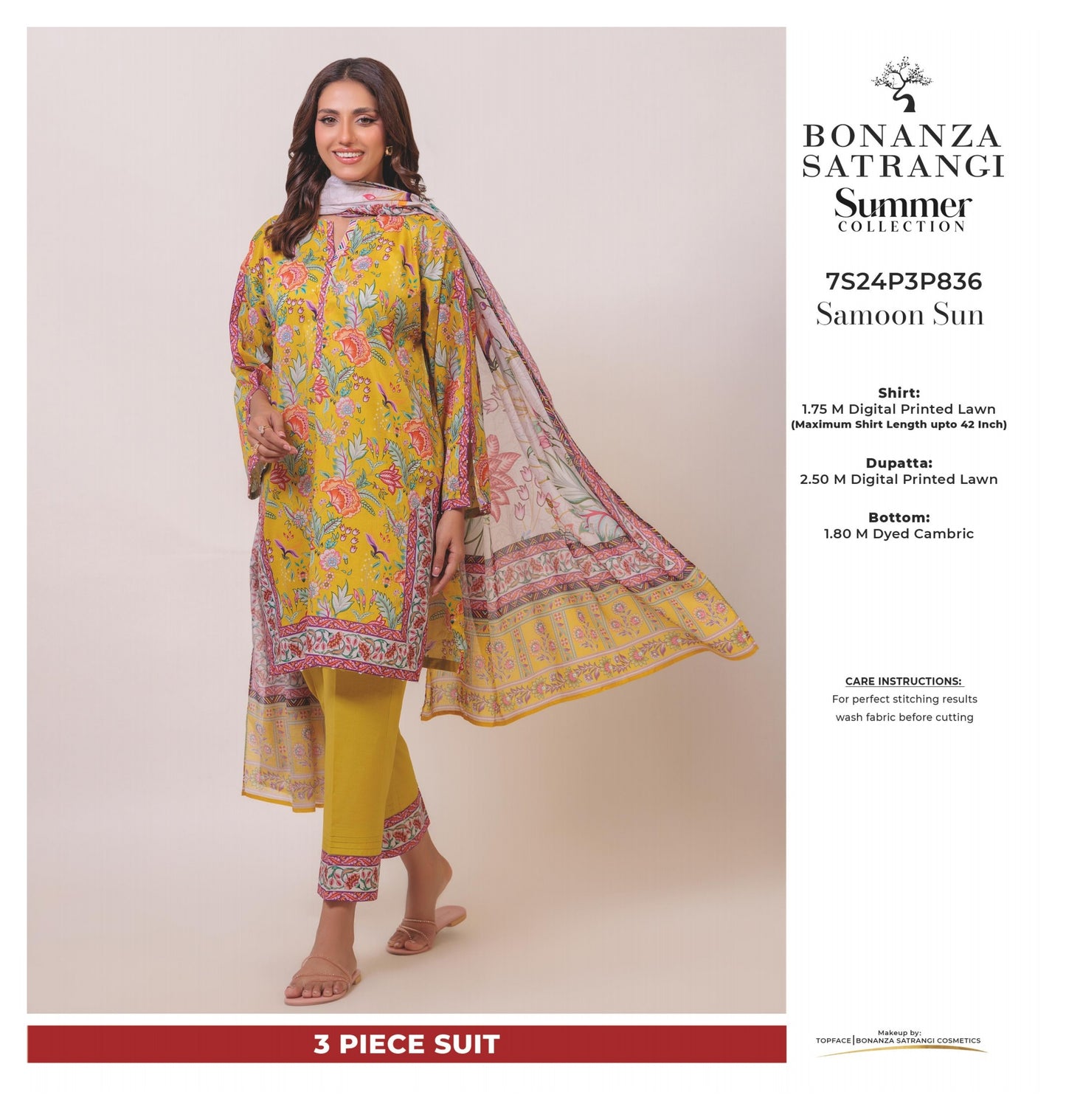 Bonanza Satrangi three piece Lawn (Printed Top Dupatta and Bottom Dyed Gambric)