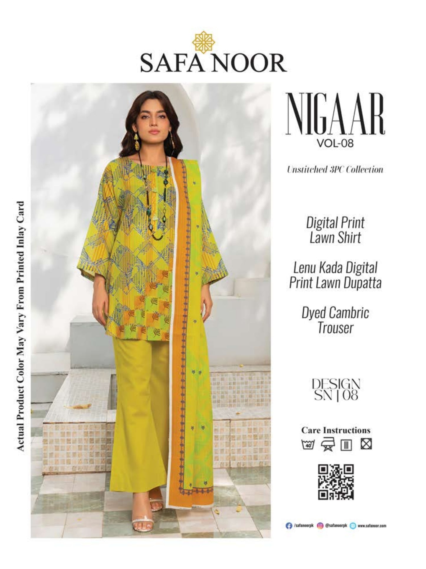 Safa Noor three piece Lawn (Printed Top Dupatta and Bottom Dyed Gambric)