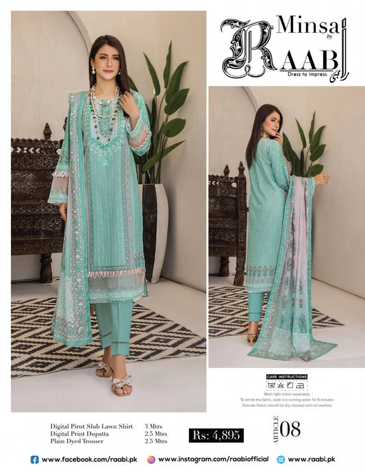 Minsa By Baab three piece Lawn (Printed Top Dupatta and Bottom Dyed Gambric)