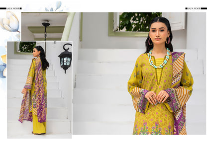 Safa Noor three piece Lawn (Printed Top Dupatta and Bottom Dyed Gambric)