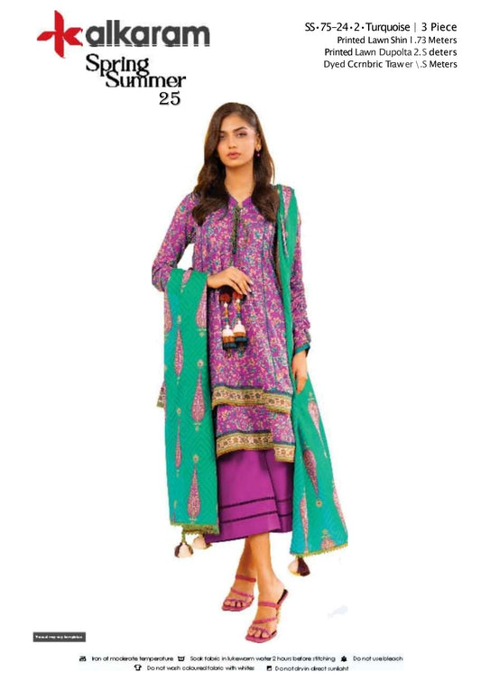 Turquoise  three piece Lawn (Printed Top Dupatta and Bottom Dyed Gambric)