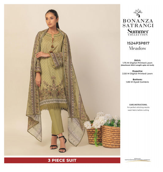 Bonanza Satrangi three piece Lawn (Printed Top Dupatta and Bottom Dyed Gambric)