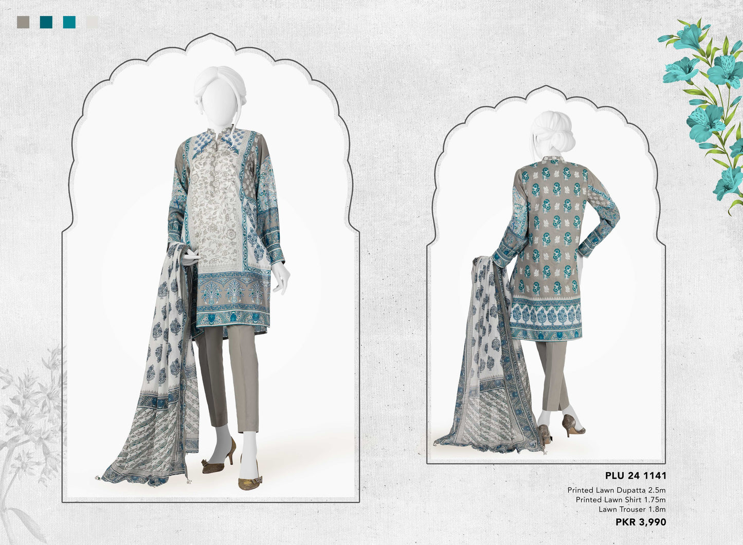 Aashna three piece Lawn (Printed Top Dupatta and Bottom Dyed Gambric)