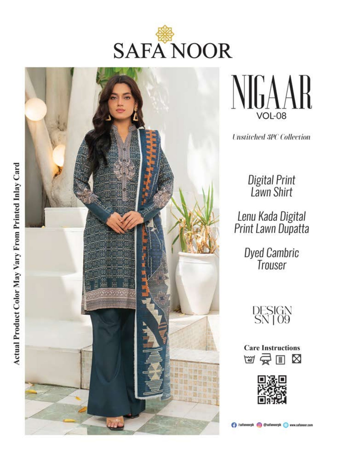 Safa Noor three piece Lawn (Printed Top Dupatta and Bottom Dyed Gambric)